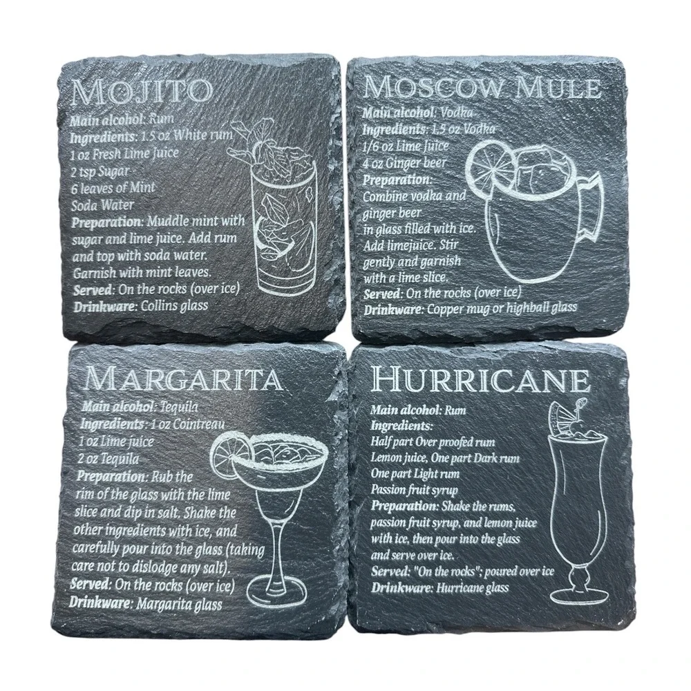 Set of 4 Slate Cocktail Recipe Coasters Mojito Margarita Moscow Mule Hurricane